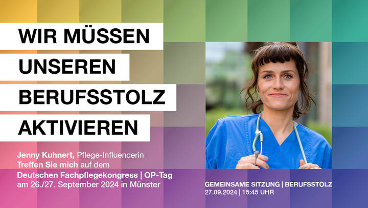 Verpassen Sie nicht den Vortrag von Jenny Kuhnert: "Proud to care – Warum wir stolz auf unseren Beruf sein dürfen" und melden Sie sich jetzt noch zu Frühbucherkonditionen an.