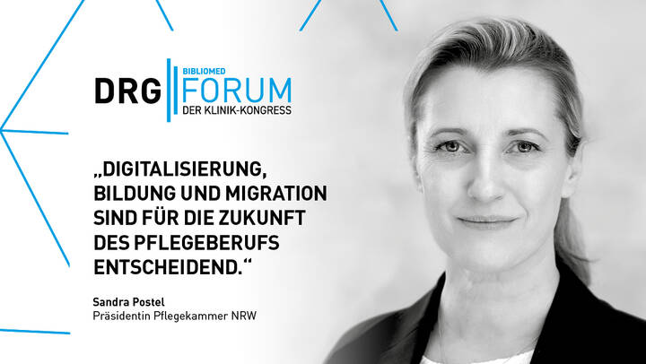 Sandra Postel, Präsidentin der Pflegekammer NRW, diskutiert auf dem DRG | FORUM über die Krankenhausplanungsreform in NRW.